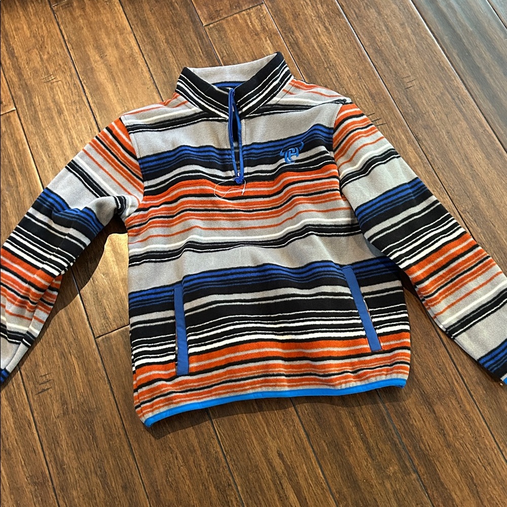 Striped Quarter Zip Pullover Sweater in Gray, Orange and Blue